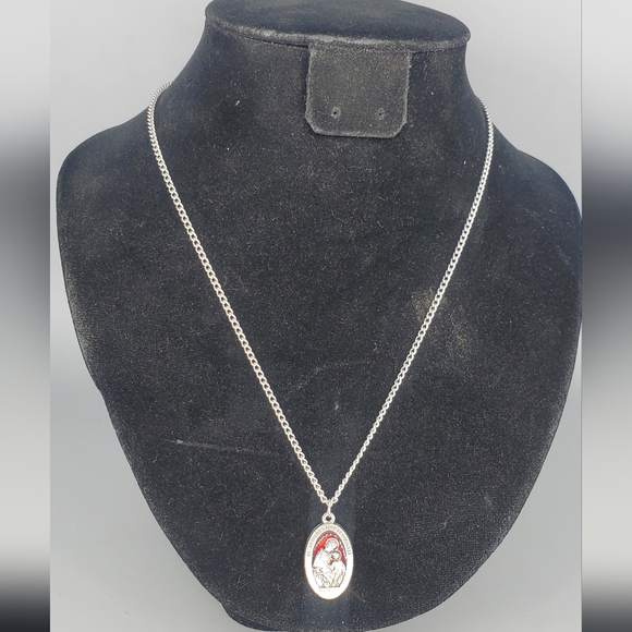 St. Anthony Red Enamel Silvertone Medallion Necklace - Picture 2 of 5